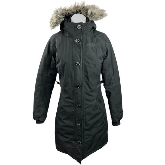 The North Face Tremaya Black Down Fur Hooded Button Down Parka Jacket Coat Sz XS - Picture 1 of 7